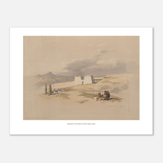 Lithographie Approche du temple de Wadi Saboua, Nubie - David Roberts (30x40 cm). Lithographie de David Roberts montrant une vue d'ensemble de l'approche du temple de Wadi Saboua en Nubie, avec des figures humaines et des palmiers sur un paysage désertique.