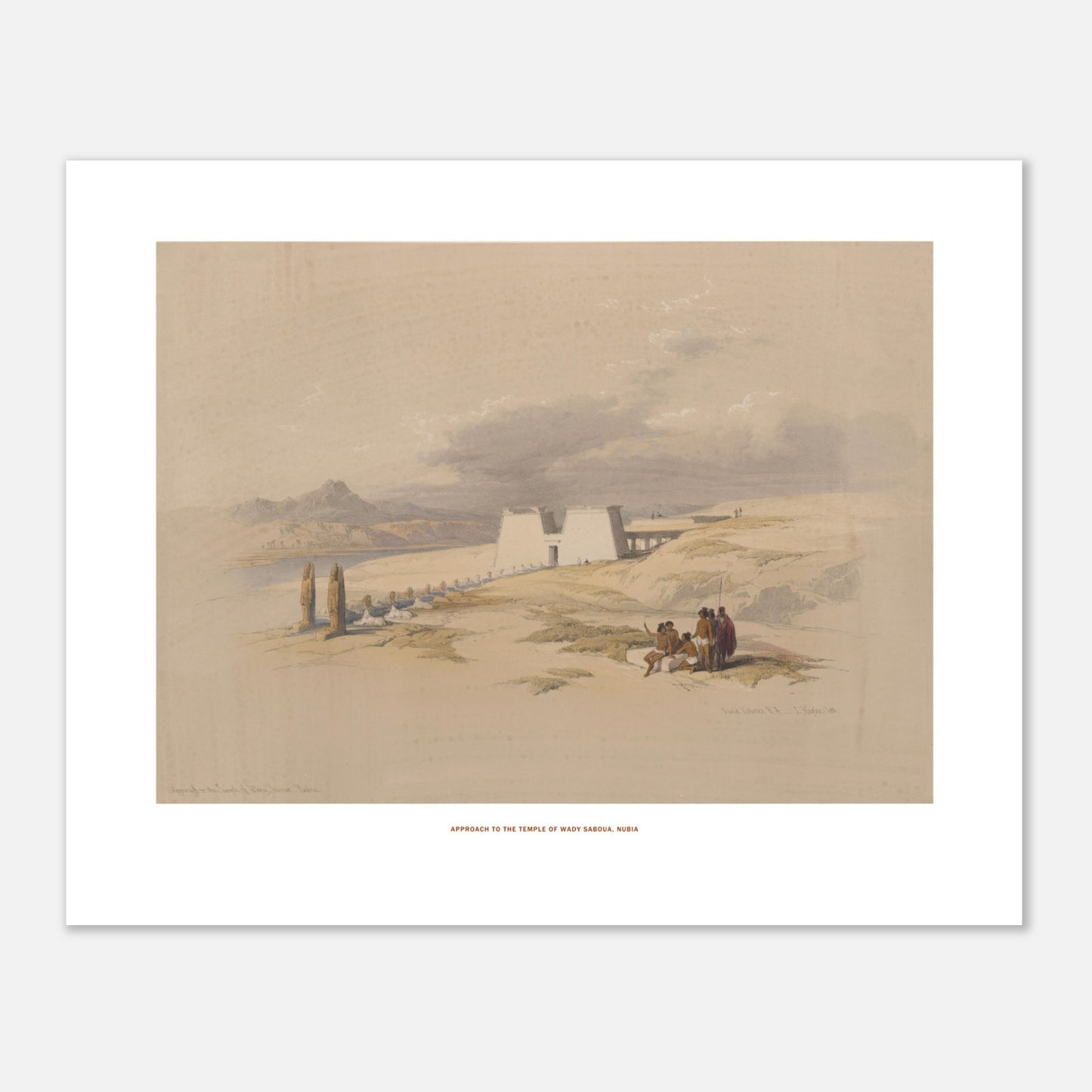Lithographie Approche du temple de Wadi Saboua, Nubie - David Roberts (40x50 cm). Lithographie de David Roberts montrant une vue d'ensemble de l'approche du temple de Wadi Saboua en Nubie, avec des figures humaines et des palmiers sur un paysage désertique.