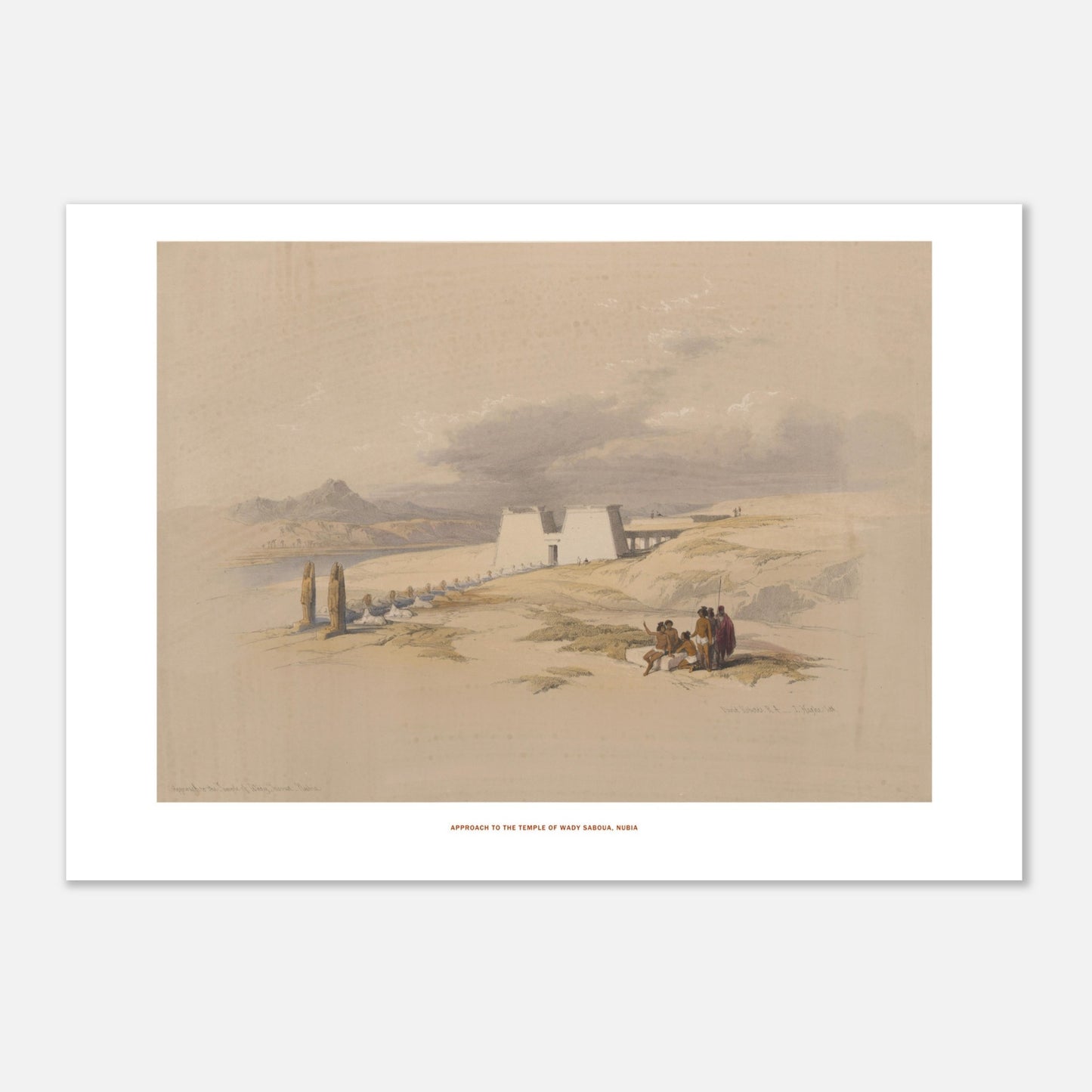 Lithographie Approche du temple de Wadi Saboua, Nubie - David Roberts (42x59,4 cm / A2). Lithographie de David Roberts montrant une vue d'ensemble de l'approche du temple de Wadi Saboua en Nubie, avec des figures humaines et des palmiers sur un paysage désertique.