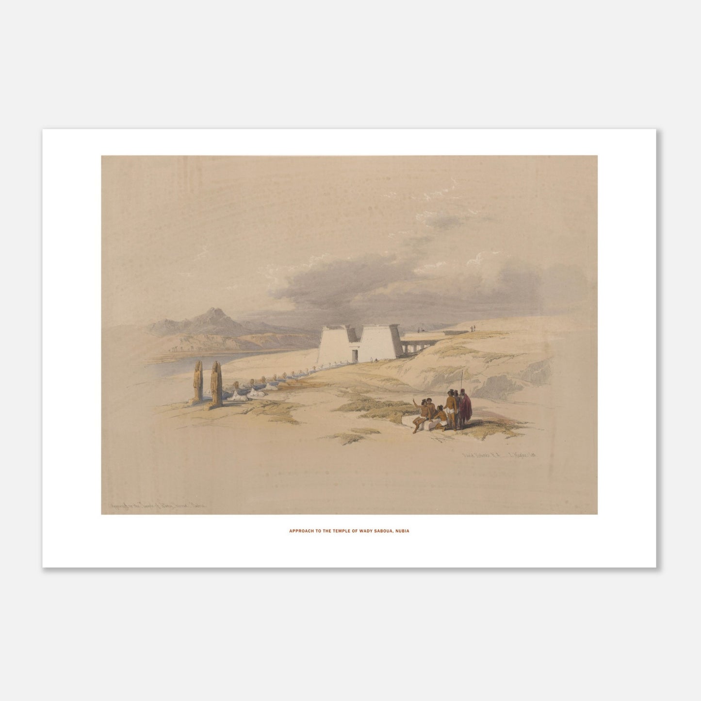 Lithographie Approche du temple de Wadi Saboua, Nubie - David Roberts (50x70 cm). Lithographie de David Roberts montrant une vue d'ensemble de l'approche du temple de Wadi Saboua en Nubie, avec des figures humaines et des palmiers sur un paysage désertique.