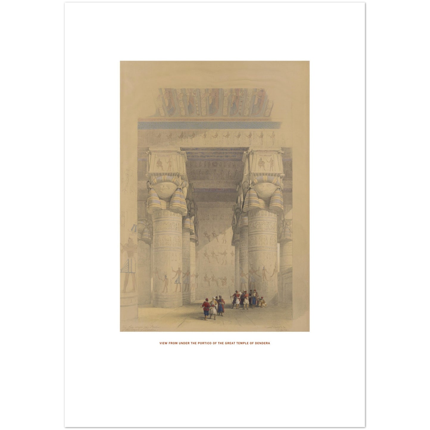 Gravure ancienne du Grand temple de Dendérah - David Roberts (21x29,7 cm (A4)). Lithographie de David Roberts montrant le grand temple de Dendérah, vu depuis le portique, avec des colonnes monumentales et des figures humaines au premier plan.