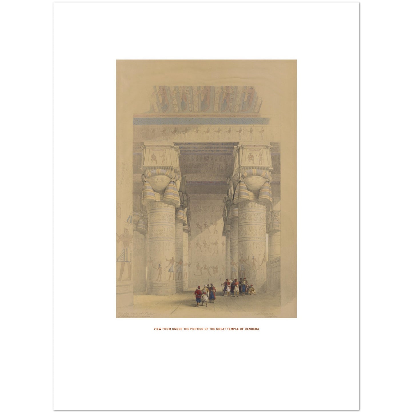 Gravure ancienne du Grand temple de Dendérah - David Roberts (30x40 cm). Lithographie de David Roberts montrant le grand temple de Dendérah, vu depuis le portique, avec des colonnes monumentales et des figures humaines au premier plan.