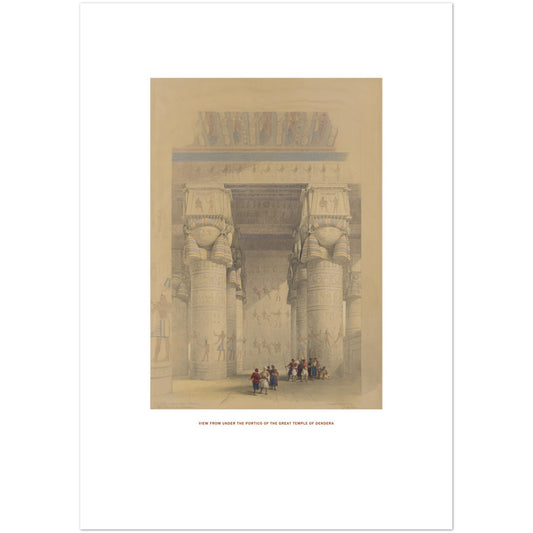 Gravure ancienne du Grand temple de Dendérah - David Roberts (42x59,4 cm (A2)). Lithographie de David Roberts montrant le grand temple de Dendérah, vu depuis le portique, avec des colonnes monumentales et des figures humaines au premier plan.