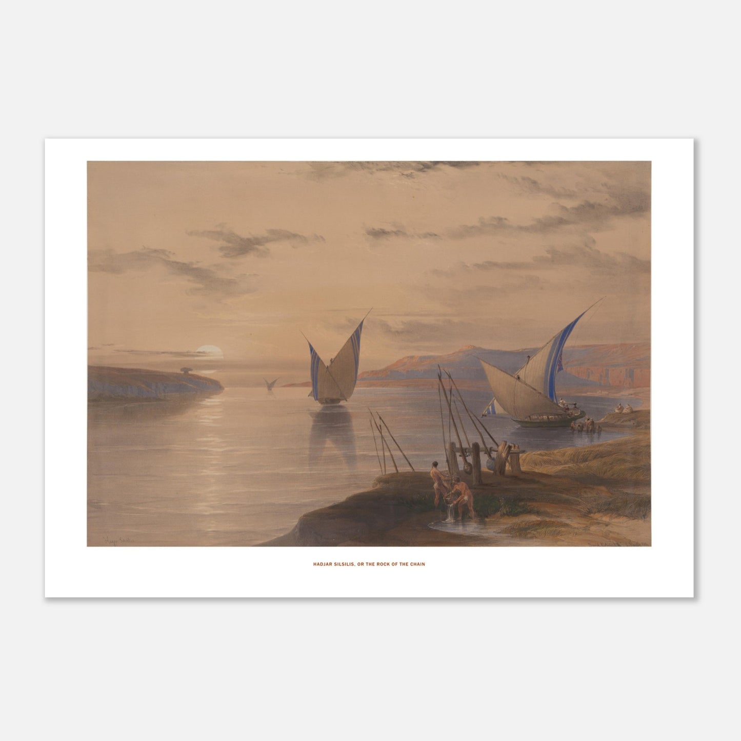 Hadjar Silsilis, le Rocher de la Chaîne — Lithographie David Roberts (21x29,7 cm (A4)). Lithographie ancienne de Hadjar Silsilis, ou le Rocher de la Chaîne, représentant des voiliers sur le Nil au coucher du soleil.