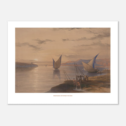 Hadjar Silsilis, le Rocher de la Chaîne — Lithographie David Roberts (30x40 cm). Lithographie ancienne de Hadjar Silsilis, ou le Rocher de la Chaîne, représentant des voiliers sur le Nil au coucher du soleil.