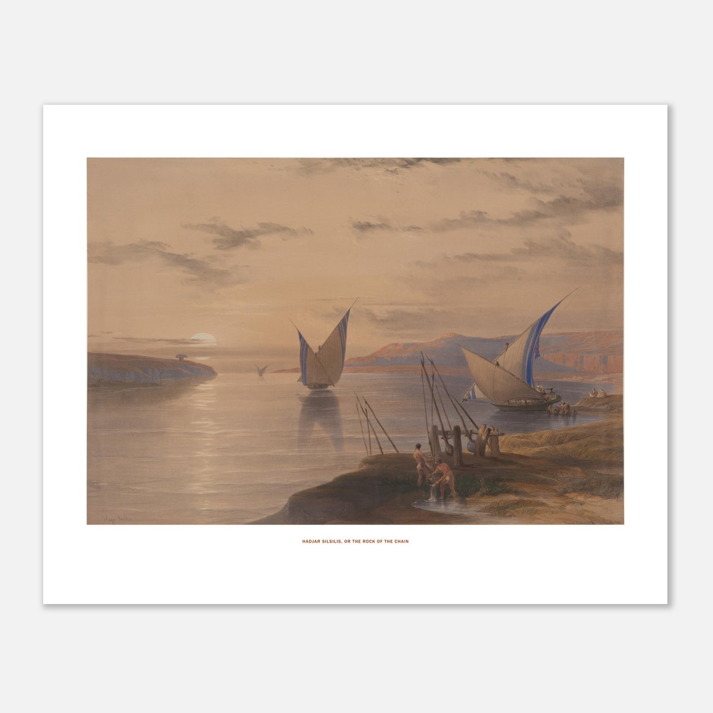 Hadjar Silsilis, le Rocher de la Chaîne — Lithographie David Roberts (40x50 cm). Lithographie ancienne de Hadjar Silsilis, ou le Rocher de la Chaîne, représentant des voiliers sur le Nil au coucher du soleil.