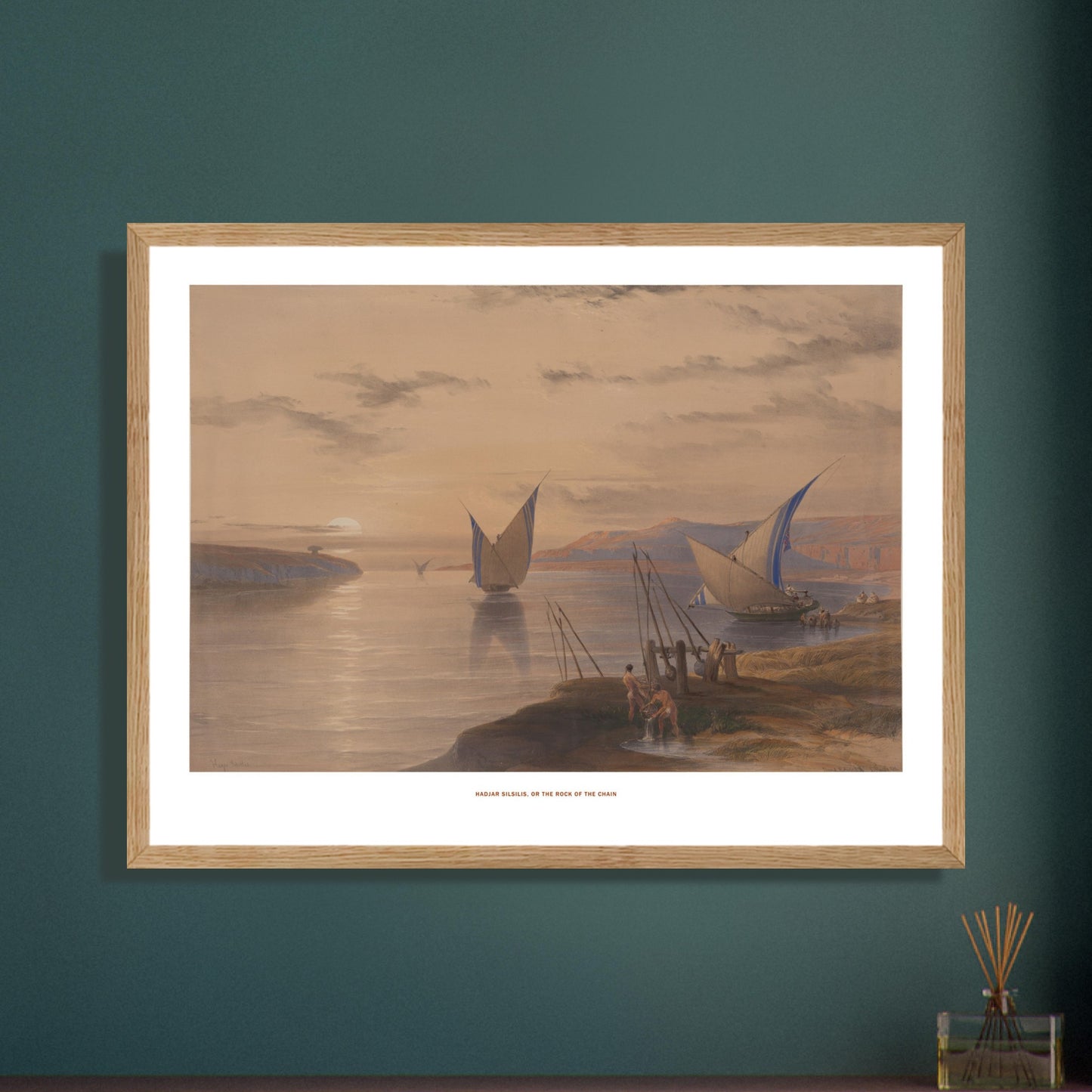 Hadjar Silsilis, le Rocher de la Chaîne — Lithographie David Roberts. Lithographie ancienne de Hadjar Silsilis, ou le Rocher de la Chaîne, représentant des voiliers sur le Nil au coucher du soleil. Image d'illustration 6