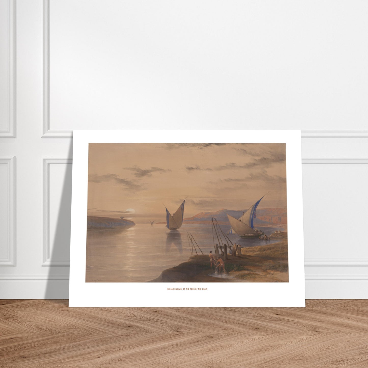 Hadjar Silsilis, le Rocher de la Chaîne — Lithographie David Roberts. Lithographie ancienne de Hadjar Silsilis, ou le Rocher de la Chaîne, représentant des voiliers sur le Nil au coucher du soleil. Image d'illustration 7