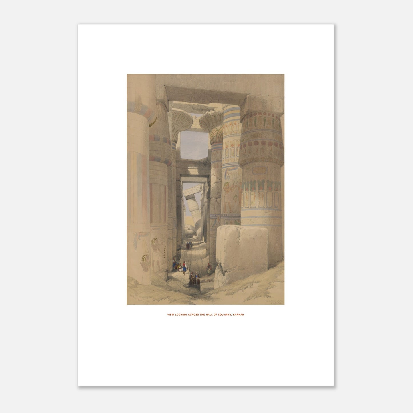 Planche ancienne : Vue à travers la salle des colonnes, Karnak - David Roberts (21x29,7 cm (A4)). Lithographie de David Roberts montrant une vue à travers la salle hypostyle du temple de Karnak, avec des colonnes imposantes et des personnages au sol.