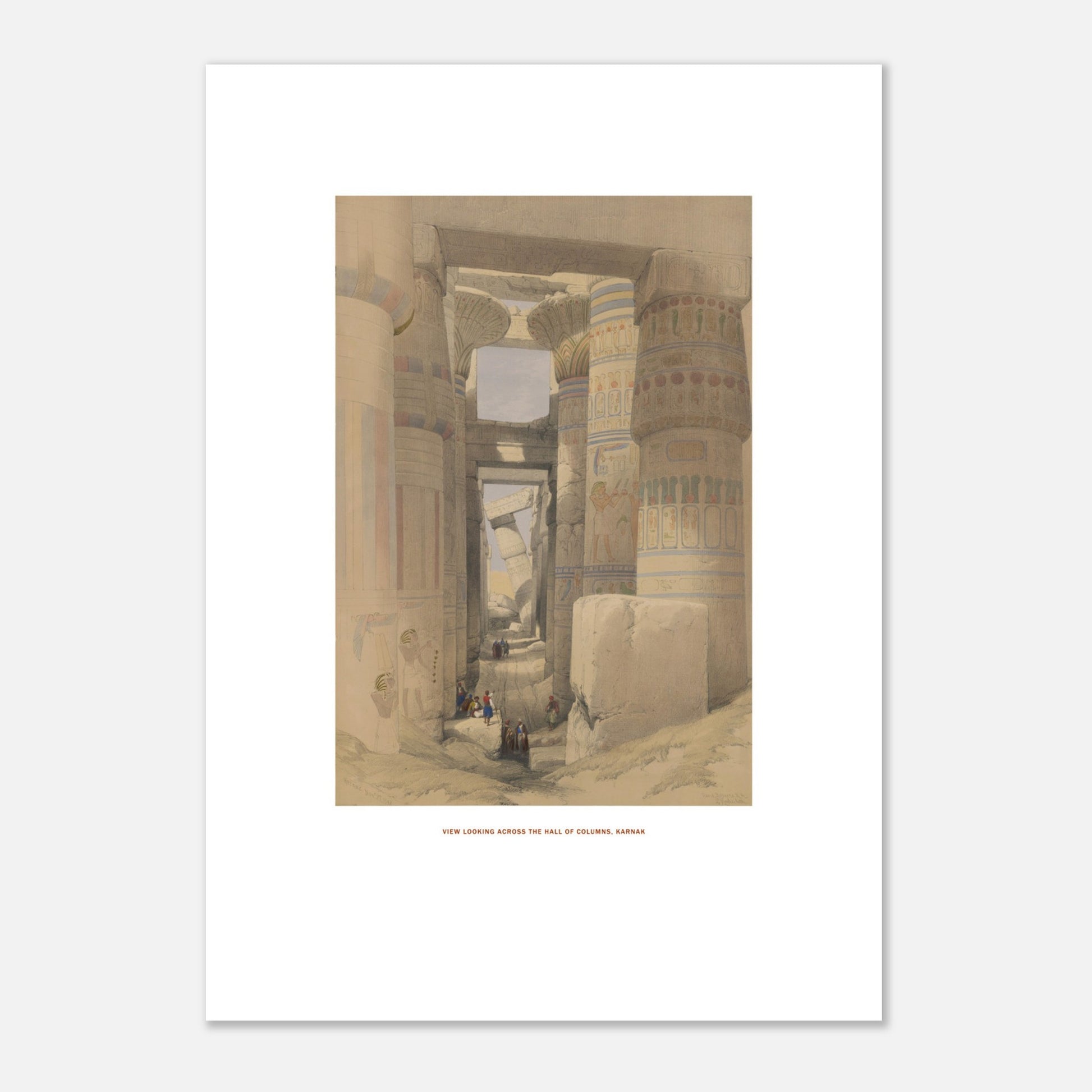 Planche ancienne : Vue à travers la salle des colonnes, Karnak - David Roberts (21x29,7 cm (A4)). Lithographie de David Roberts montrant une vue à travers la salle hypostyle du temple de Karnak, avec des colonnes imposantes et des personnages au sol.