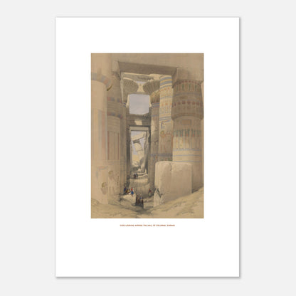 Planche ancienne : Vue à travers la salle des colonnes, Karnak - David Roberts (21x29,7 cm (A4)). Lithographie de David Roberts montrant une vue à travers la salle hypostyle du temple de Karnak, avec des colonnes imposantes et des personnages au sol.