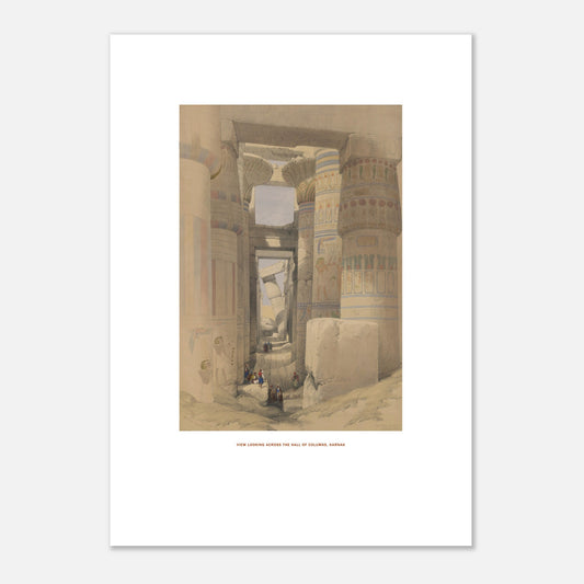 Planche ancienne : Vue à travers la salle des colonnes, Karnak - David Roberts (21x29,7 cm (A4)). Lithographie de David Roberts montrant une vue à travers la salle hypostyle du temple de Karnak, avec des colonnes imposantes et des personnages au sol.