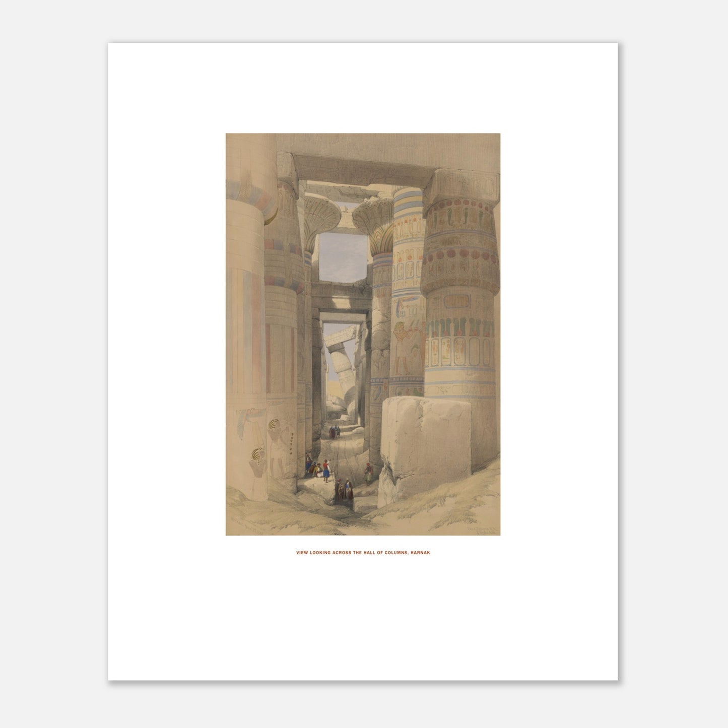 Planche ancienne : Vue à travers la salle des colonnes, Karnak - David Roberts (40x50 cm). Lithographie de David Roberts montrant une vue à travers la salle hypostyle du temple de Karnak, avec des colonnes imposantes et des personnages au sol.