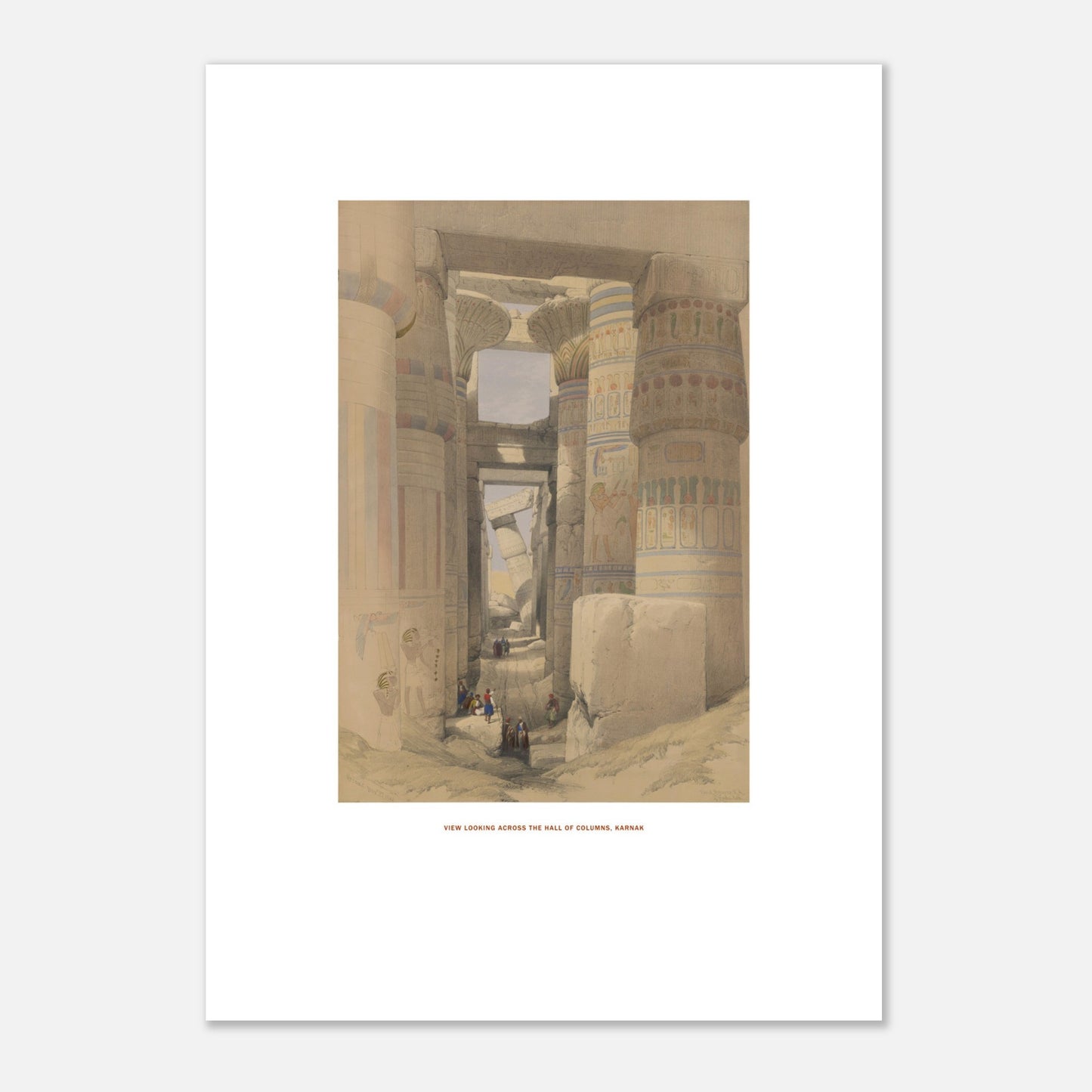 Planche ancienne : Vue à travers la salle des colonnes, Karnak - David Roberts (42x59,4 cm (A2)). Lithographie de David Roberts montrant une vue à travers la salle hypostyle du temple de Karnak, avec des colonnes imposantes et des personnages au sol.