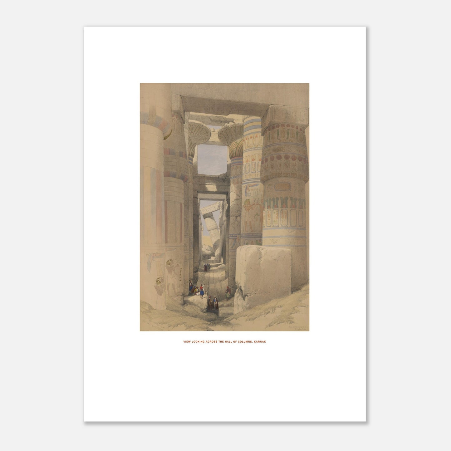 Planche ancienne : Vue à travers la salle des colonnes, Karnak - David Roberts (50x70 cm). Lithographie de David Roberts montrant une vue à travers la salle hypostyle du temple de Karnak, avec des colonnes imposantes et des personnages au sol.