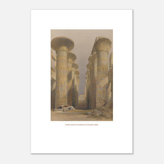 Planche de la Grande salle des colonnes à Karnak - David Roberts (21x29,7 cm (A4)). Lithographie ancienne représentant la grande salle des colonnes à Karnak, avec des figures humaines assises au premier plan.