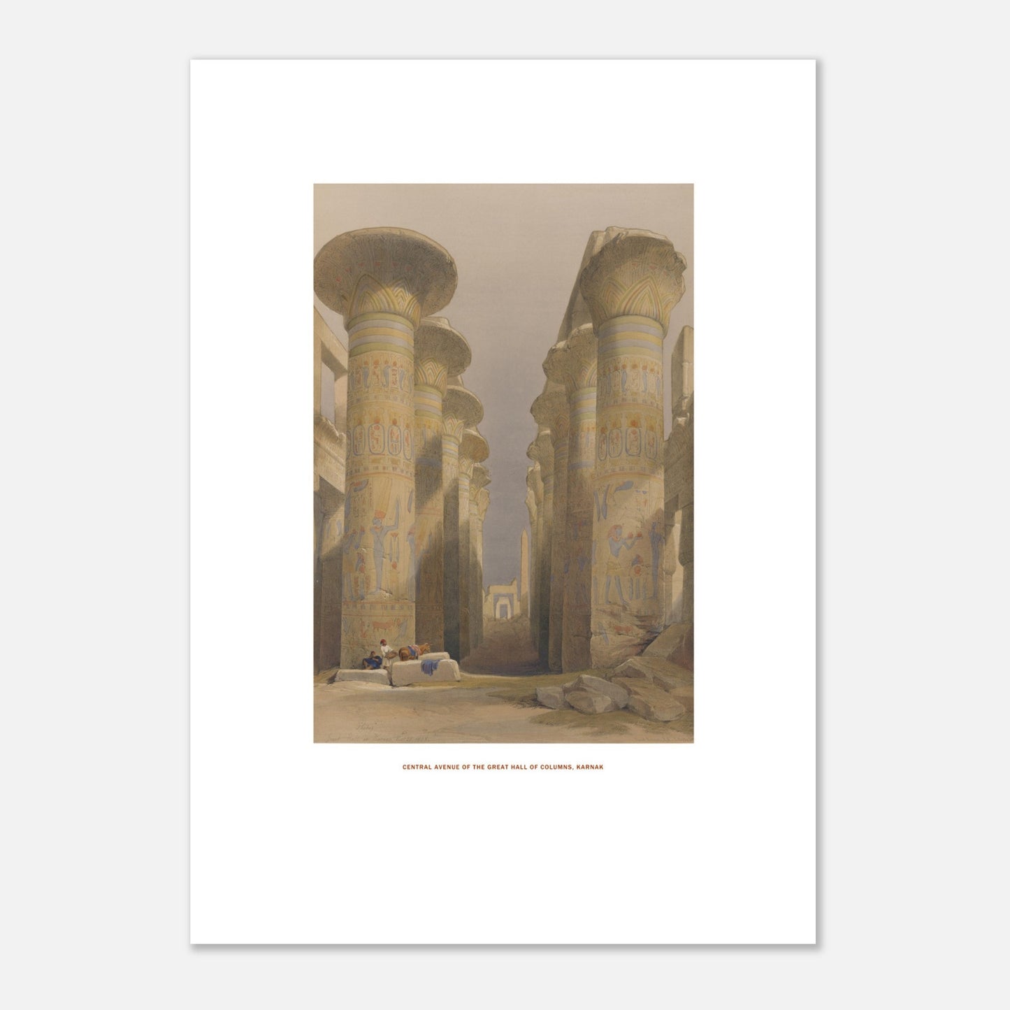 Planche de la Grande salle des colonnes à Karnak - David Roberts (29,7x42 cm (A3)). Lithographie ancienne représentant la grande salle des colonnes à Karnak, avec des figures humaines assises au premier plan.