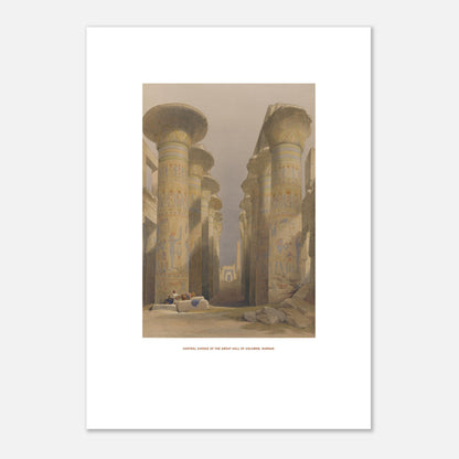 Planche de la Grande salle des colonnes à Karnak - David Roberts (29,7x42 cm (A3)). Lithographie ancienne représentant la grande salle des colonnes à Karnak, avec des figures humaines assises au premier plan.