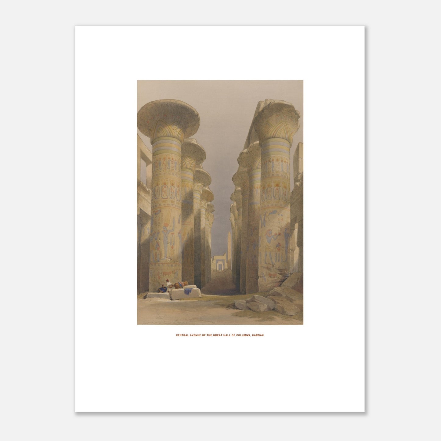 Planche de la Grande salle des colonnes à Karnak - David Roberts (30x40 cm). Lithographie ancienne représentant la grande salle des colonnes à Karnak, avec des figures humaines assises au premier plan.