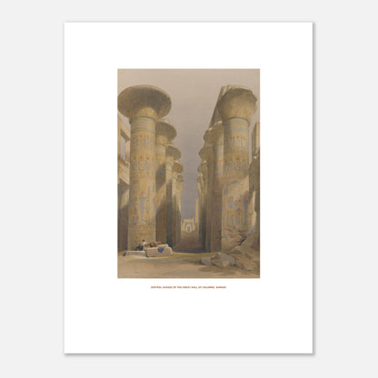Planche de la Grande salle des colonnes à Karnak - David Roberts (30x40 cm). Lithographie ancienne représentant la grande salle des colonnes à Karnak, avec des figures humaines assises au premier plan.