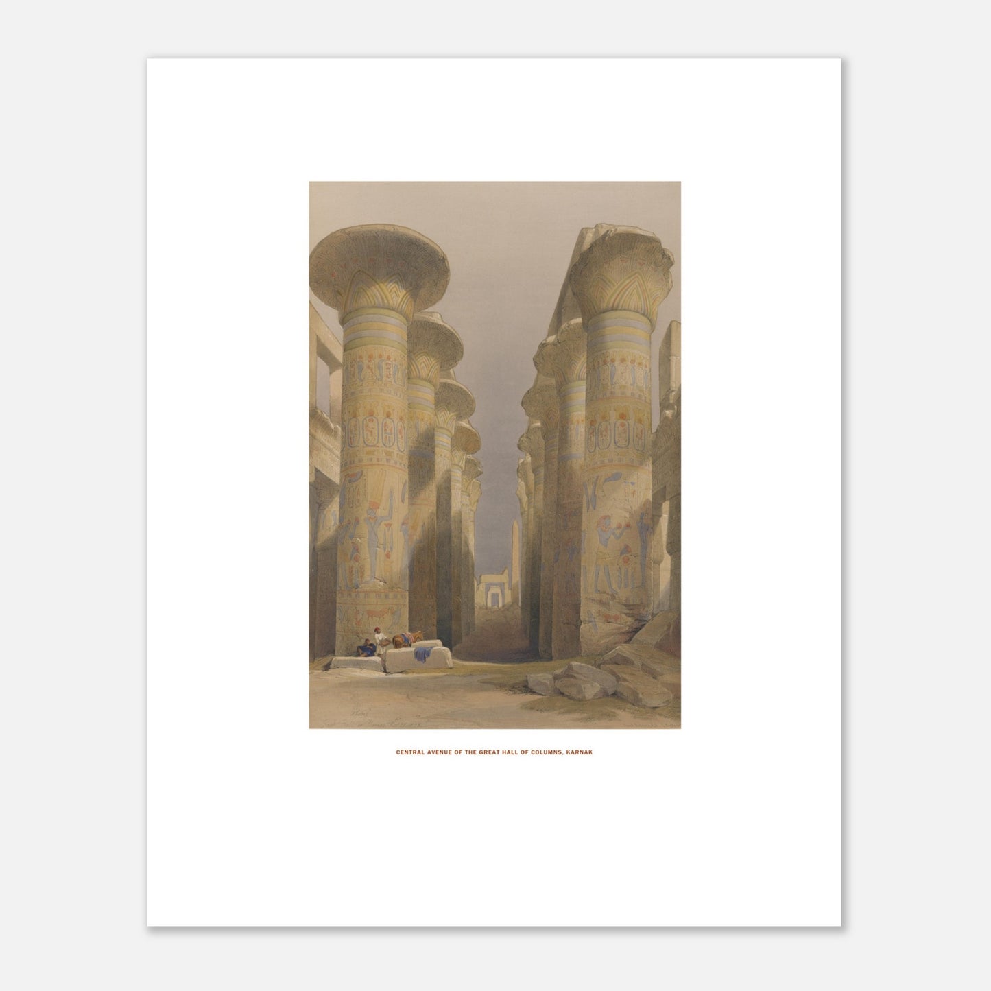 Planche de la Grande salle des colonnes à Karnak - David Roberts (40x50 cm). Lithographie ancienne représentant la grande salle des colonnes à Karnak, avec des figures humaines assises au premier plan.