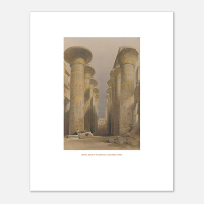 Planche de la Grande salle des colonnes à Karnak - David Roberts (40x50 cm). Lithographie ancienne représentant la grande salle des colonnes à Karnak, avec des figures humaines assises au premier plan.