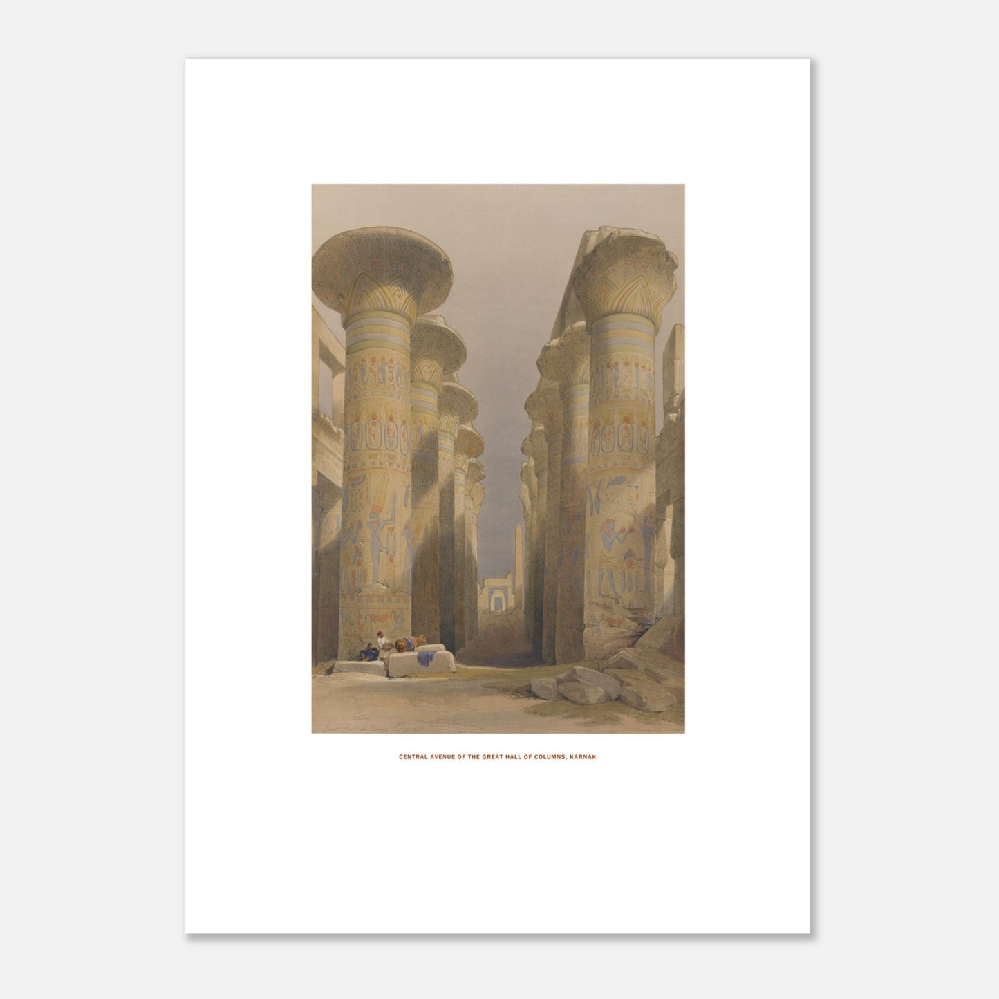 Planche de la Grande salle des colonnes à Karnak - David Roberts (50x70 cm). Lithographie ancienne représentant la grande salle des colonnes à Karnak, avec des figures humaines assises au premier plan.