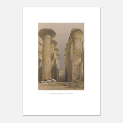 Planche de la Grande salle des colonnes à Karnak - David Roberts (50x70 cm). Lithographie ancienne représentant la grande salle des colonnes à Karnak, avec des figures humaines assises au premier plan.