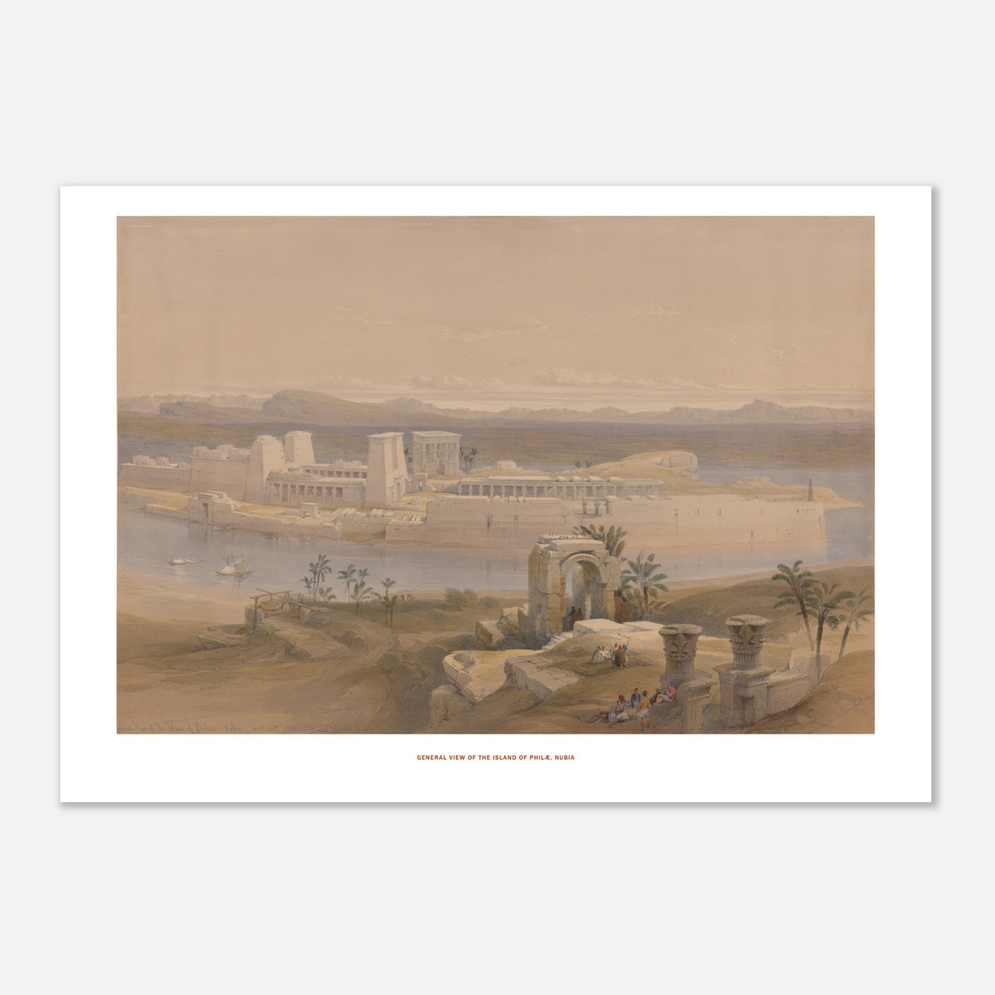 Vue générale de l'île de Philæ, Nubie — Lithographie de David Roberts (21x29,7 cm (A4)). Lithographie ancienne d'une vue générale de l'île de Philæ en Nubie, avec des temples imposants, des palmiers et des embarcations sur le Nil.