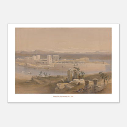 Vue générale de l'île de Philæ, Nubie — Lithographie de David Roberts (21x29,7 cm (A4)). Lithographie ancienne d'une vue générale de l'île de Philæ en Nubie, avec des temples imposants, des palmiers et des embarcations sur le Nil.