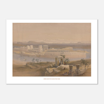 Vue générale de l'île de Philæ, Nubie — Lithographie de David Roberts (29,7x42 cm (A3)). Lithographie ancienne d'une vue générale de l'île de Philæ en Nubie, avec des temples imposants, des palmiers et des embarcations sur le Nil.