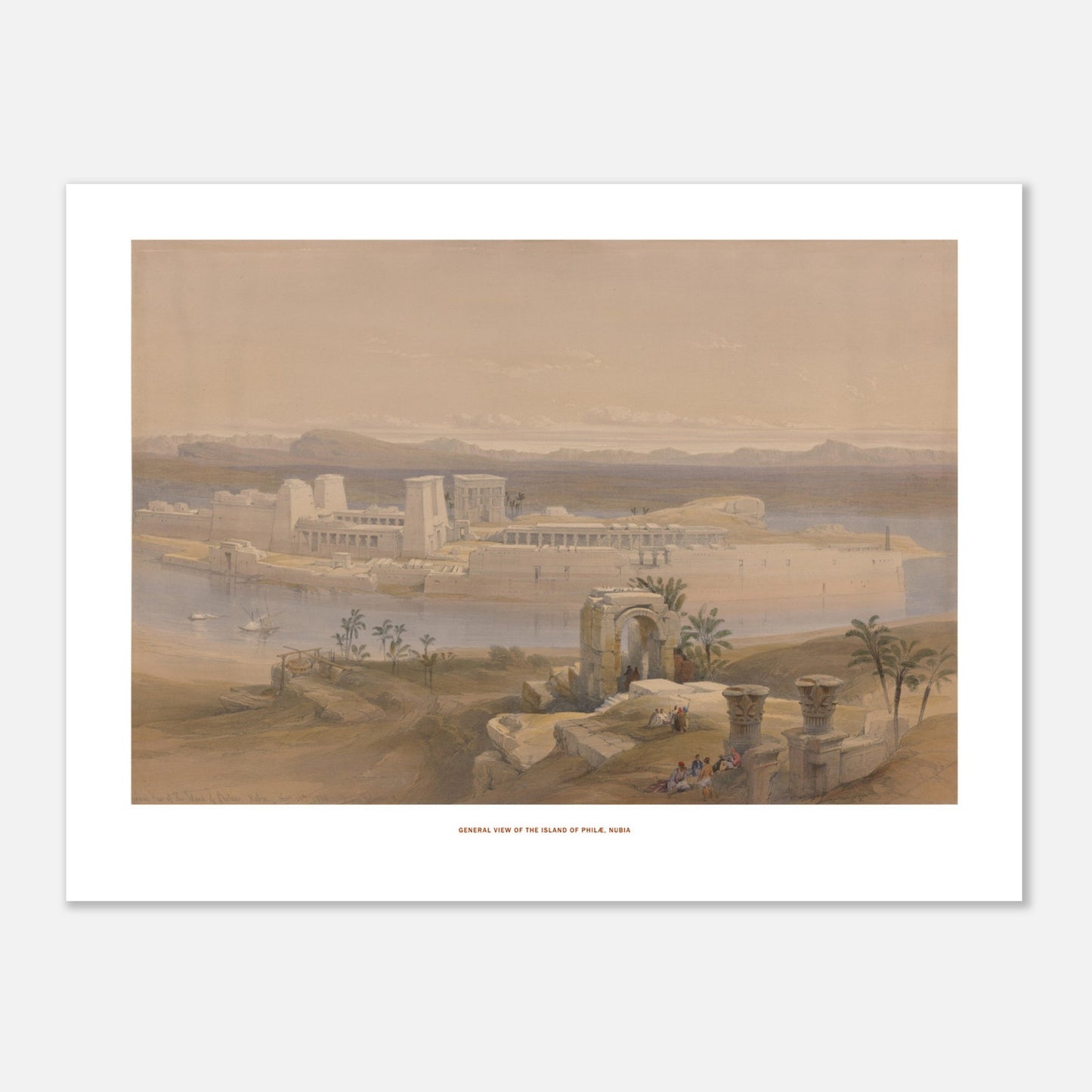 Vue générale de l'île de Philæ, Nubie — Lithographie de David Roberts (30x40 cm). Lithographie ancienne d'une vue générale de l'île de Philæ en Nubie, avec des temples imposants, des palmiers et des embarcations sur le Nil.