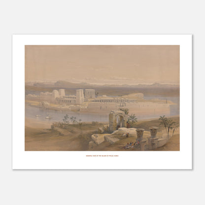 Vue générale de l'île de Philæ, Nubie — Lithographie de David Roberts (30x40 cm). Lithographie ancienne d'une vue générale de l'île de Philæ en Nubie, avec des temples imposants, des palmiers et des embarcations sur le Nil.