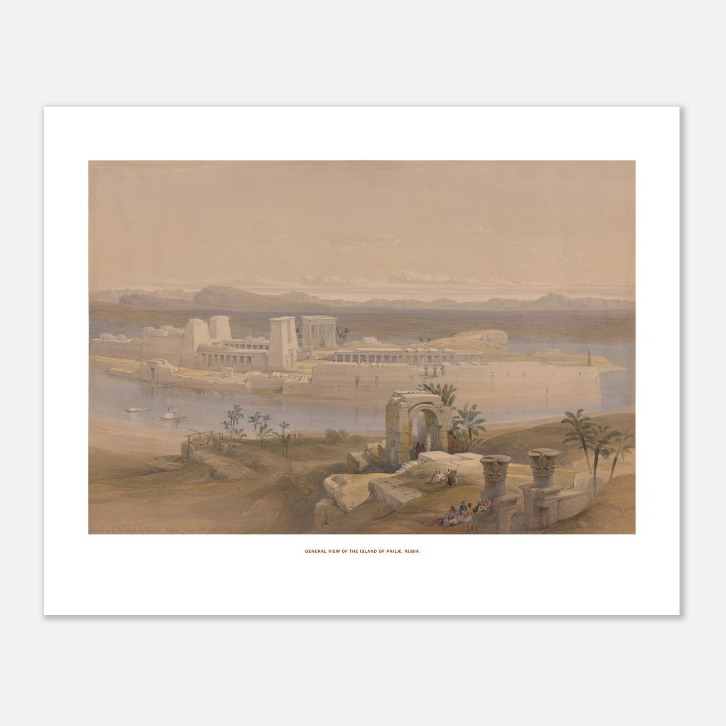 Vue générale de l'île de Philæ, Nubie — Lithographie de David Roberts (40x50 cm). Lithographie ancienne d'une vue générale de l'île de Philæ en Nubie, avec des temples imposants, des palmiers et des embarcations sur le Nil.