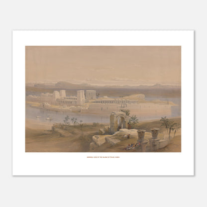 Vue générale de l'île de Philæ, Nubie — Lithographie de David Roberts (40x50 cm). Lithographie ancienne d'une vue générale de l'île de Philæ en Nubie, avec des temples imposants, des palmiers et des embarcations sur le Nil.