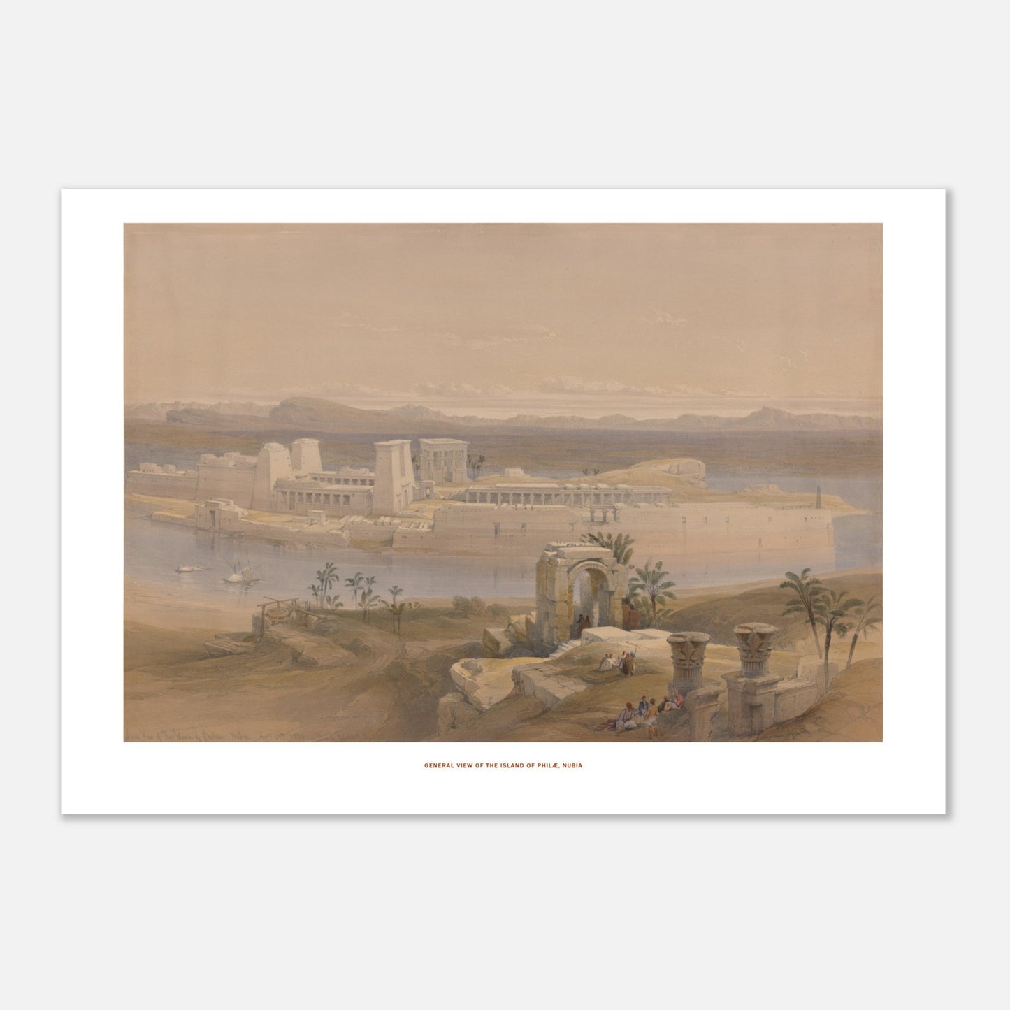Vue générale de l'île de Philæ, Nubie — Lithographie de David Roberts (42x59,4 cm (A2)). Lithographie ancienne d'une vue générale de l'île de Philæ en Nubie, avec des temples imposants, des palmiers et des embarcations sur le Nil.