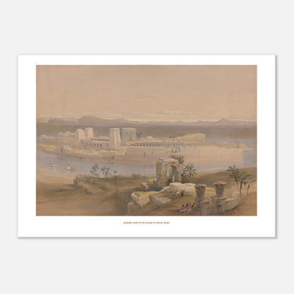 Vue générale de l'île de Philæ, Nubie — Lithographie de David Roberts (42x59,4 cm (A2)). Lithographie ancienne d'une vue générale de l'île de Philæ en Nubie, avec des temples imposants, des palmiers et des embarcations sur le Nil.