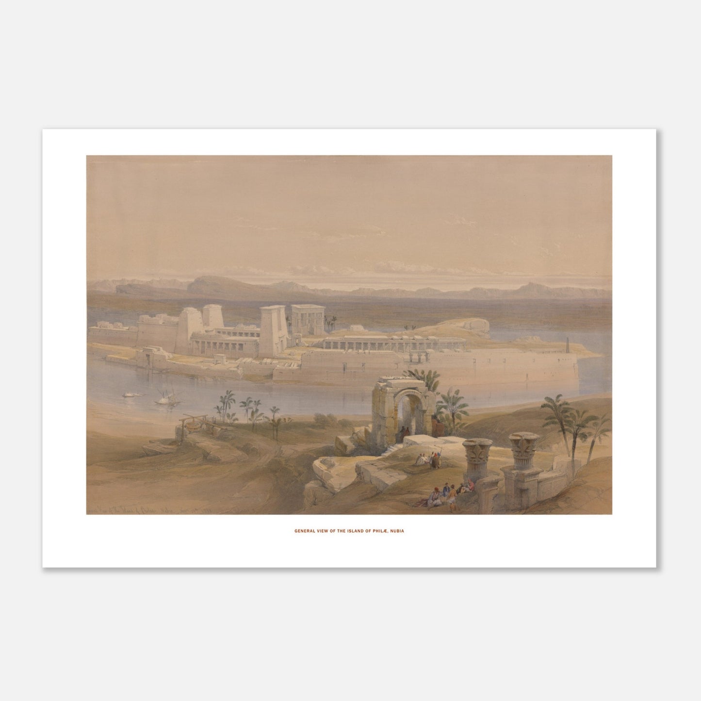 Vue générale de l'île de Philæ, Nubie — Lithographie de David Roberts (50x70 cm). Lithographie ancienne d'une vue générale de l'île de Philæ en Nubie, avec des temples imposants, des palmiers et des embarcations sur le Nil.