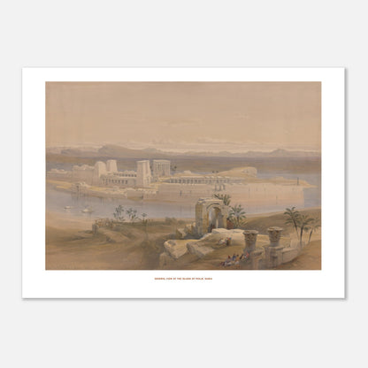 Vue générale de l'île de Philæ, Nubie — Lithographie de David Roberts (50x70 cm). Lithographie ancienne d'une vue générale de l'île de Philæ en Nubie, avec des temples imposants, des palmiers et des embarcations sur le Nil.