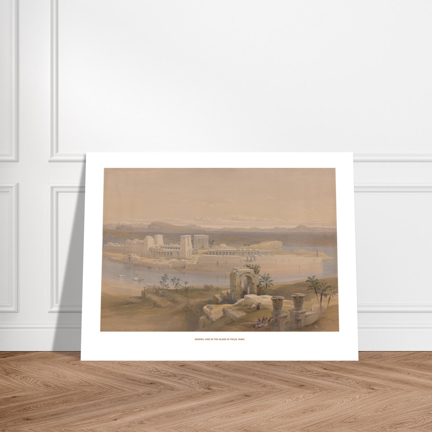 Vue générale de l'île de Philæ, Nubie — Lithographie de David Roberts. Lithographie ancienne d'une vue générale de l'île de Philæ en Nubie, avec des temples imposants, des palmiers et des embarcations sur le Nil. Image d'illustration 7