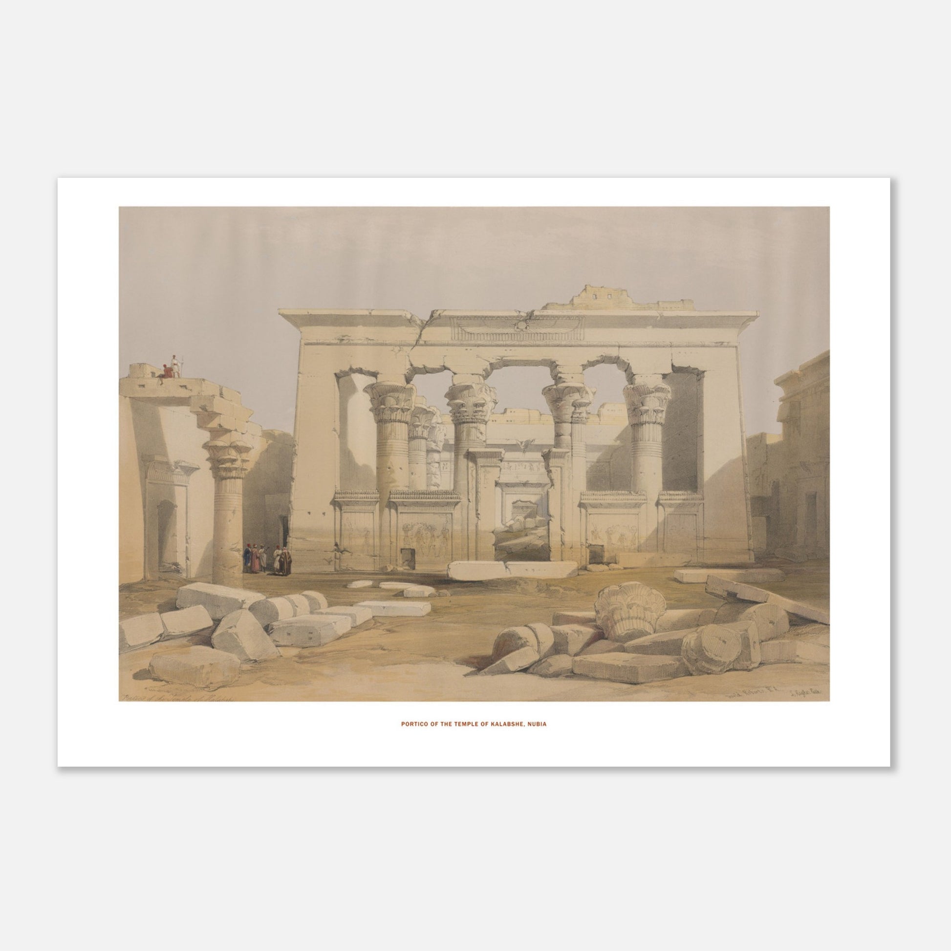 Planche ancienne : Portique du temple de Kalabsha en Nubie - David Roberts (21x29,7 cm (A4)). Lithographie ancienne représentant le portique du temple de Kalabsha en Nubie, avec des colonnes imposantes et des débris de pierres au premier plan.