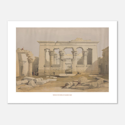 Planche ancienne : Portique du temple de Kalabsha en Nubie - David Roberts (30x40 cm). Lithographie ancienne représentant le portique du temple de Kalabsha en Nubie, avec des colonnes imposantes et des débris de pierres au premier plan.