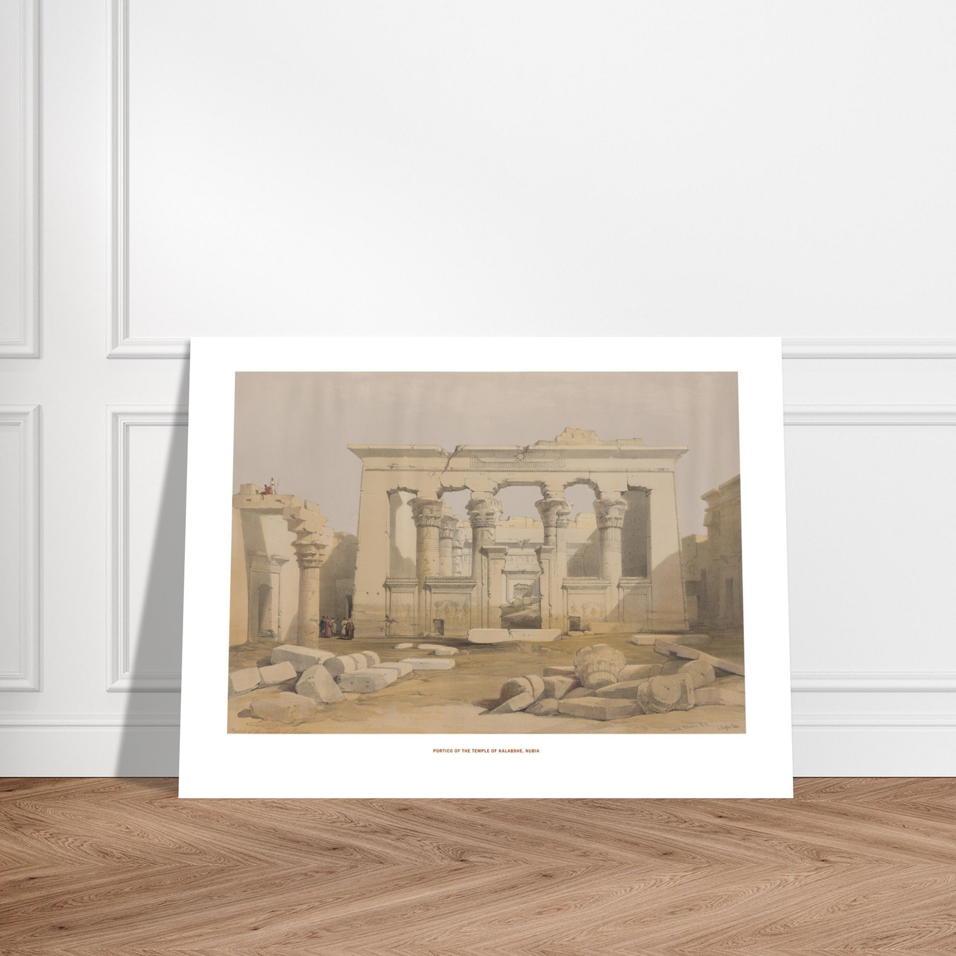 Planche ancienne : Portique du temple de Kalabsha en Nubie - David Roberts. Lithographie ancienne représentant le portique du temple de Kalabsha en Nubie, avec des colonnes imposantes et des débris de pierres au premier plan. Image d'illustration 6