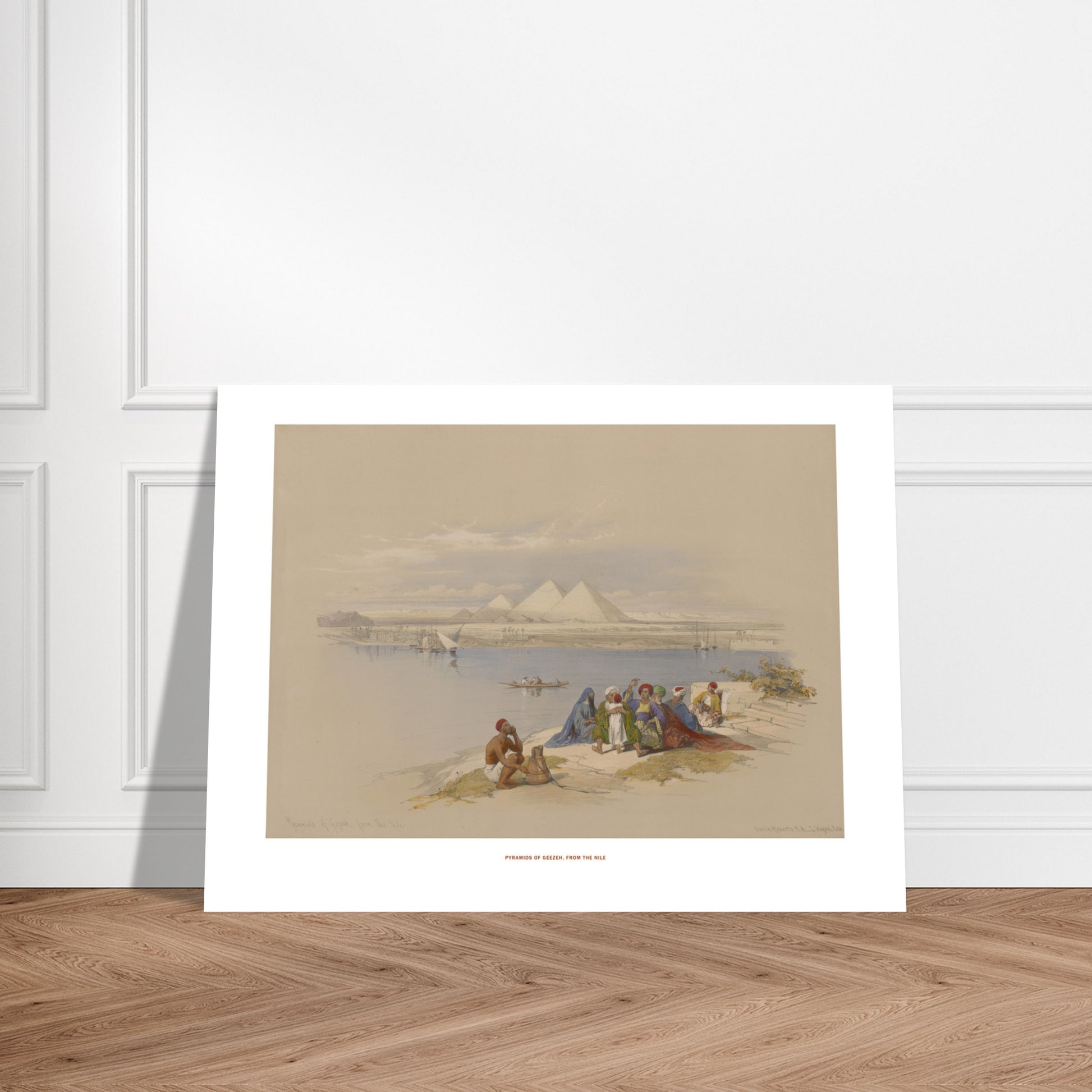 Planche ancienne : Les Pyramides de Gizeh depuis le Nil, David Roberts. Lithographie représentant les pyramides de Gizeh au loin, vues depuis le Nil, avec des bateaux et des figures humaines sur la rive au premier plan. Image d'illustration 7