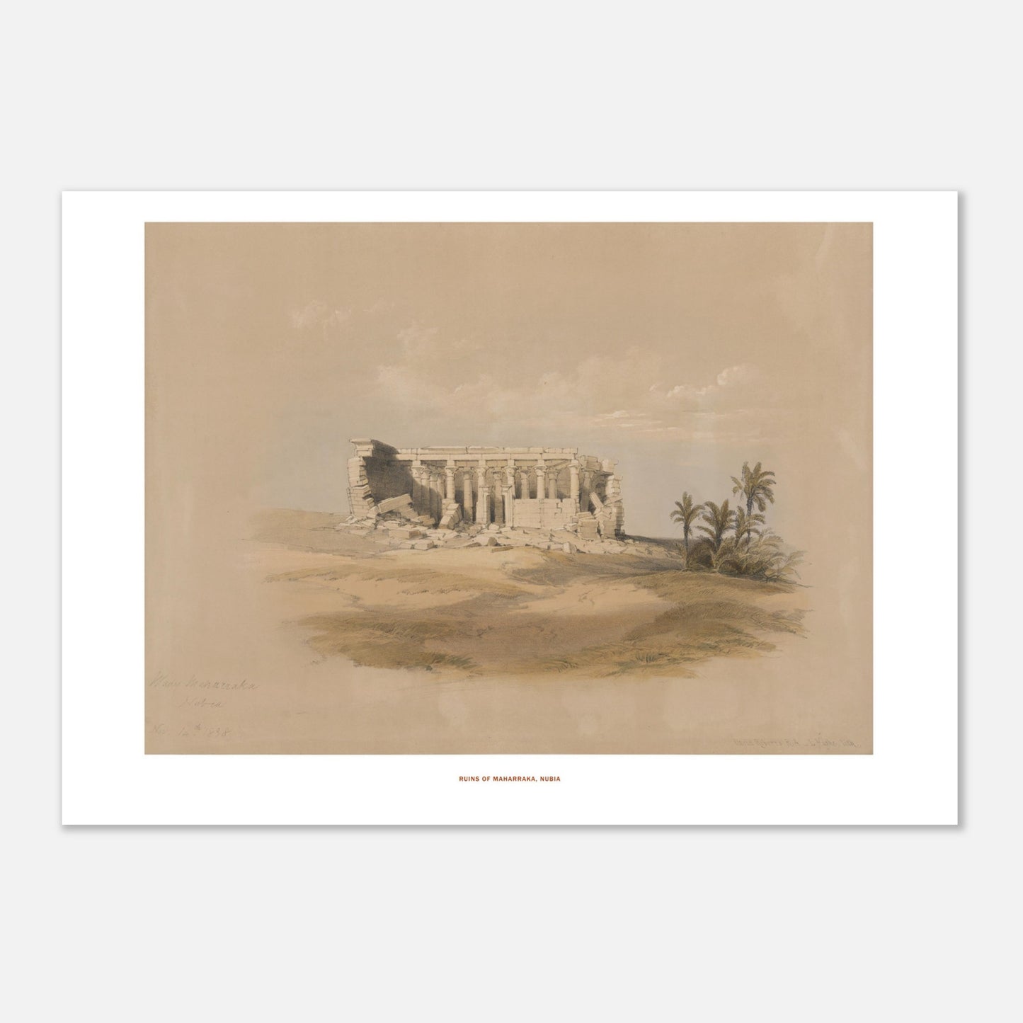 Planche ancienne : Ruines de Maharraka en Nubie, David Roberts (21x29,7 cm (A4)). Lithographie représentant les ruines d'un temple de Maharraka en Nubie, avec une colonnade et des murs en ruine sur un terrain sablonneux, agrémenté de palmiers.