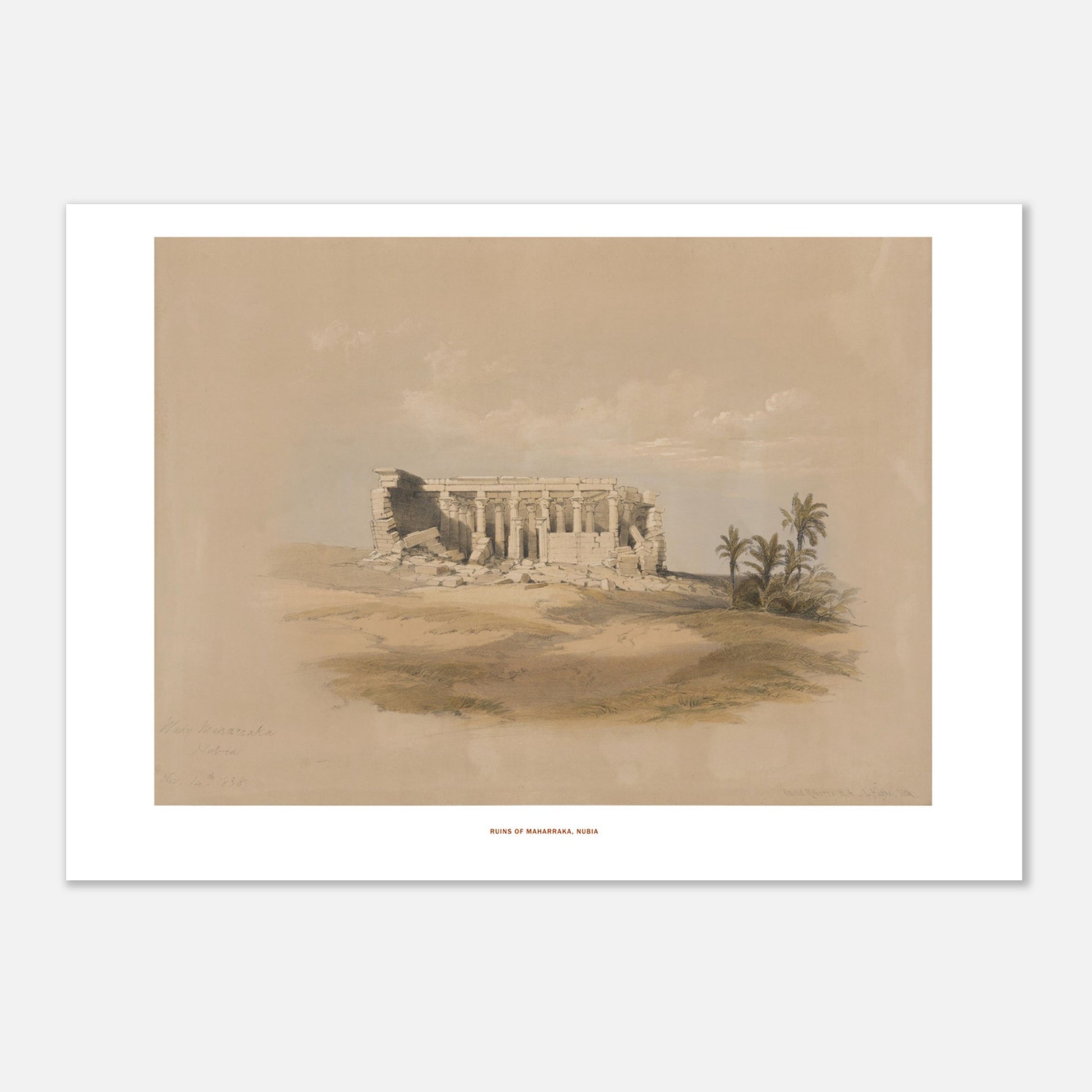 Planche ancienne : Ruines de Maharraka en Nubie, David Roberts (21x29,7 cm (A4)). Lithographie représentant les ruines d'un temple de Maharraka en Nubie, avec une colonnade et des murs en ruine sur un terrain sablonneux, agrémenté de palmiers.
