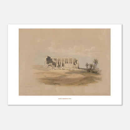 Planche ancienne : Ruines de Maharraka en Nubie, David Roberts (29,7x42 cm (A3)). Lithographie représentant les ruines d'un temple de Maharraka en Nubie, avec une colonnade et des murs en ruine sur un terrain sablonneux, agrémenté de palmiers.