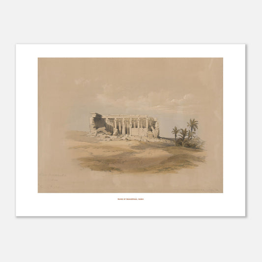 Planche ancienne : Ruines de Maharraka en Nubie, David Roberts (30x40 cm). Lithographie représentant les ruines d'un temple de Maharraka en Nubie, avec une colonnade et des murs en ruine sur un terrain sablonneux, agrémenté de palmiers.
