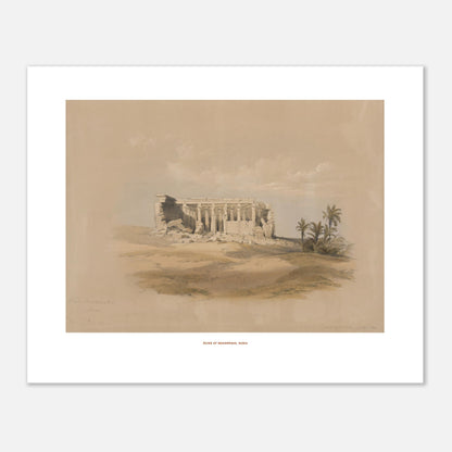Planche ancienne : Ruines de Maharraka en Nubie, David Roberts (40x50 cm). Lithographie représentant les ruines d'un temple de Maharraka en Nubie, avec une colonnade et des murs en ruine sur un terrain sablonneux, agrémenté de palmiers.