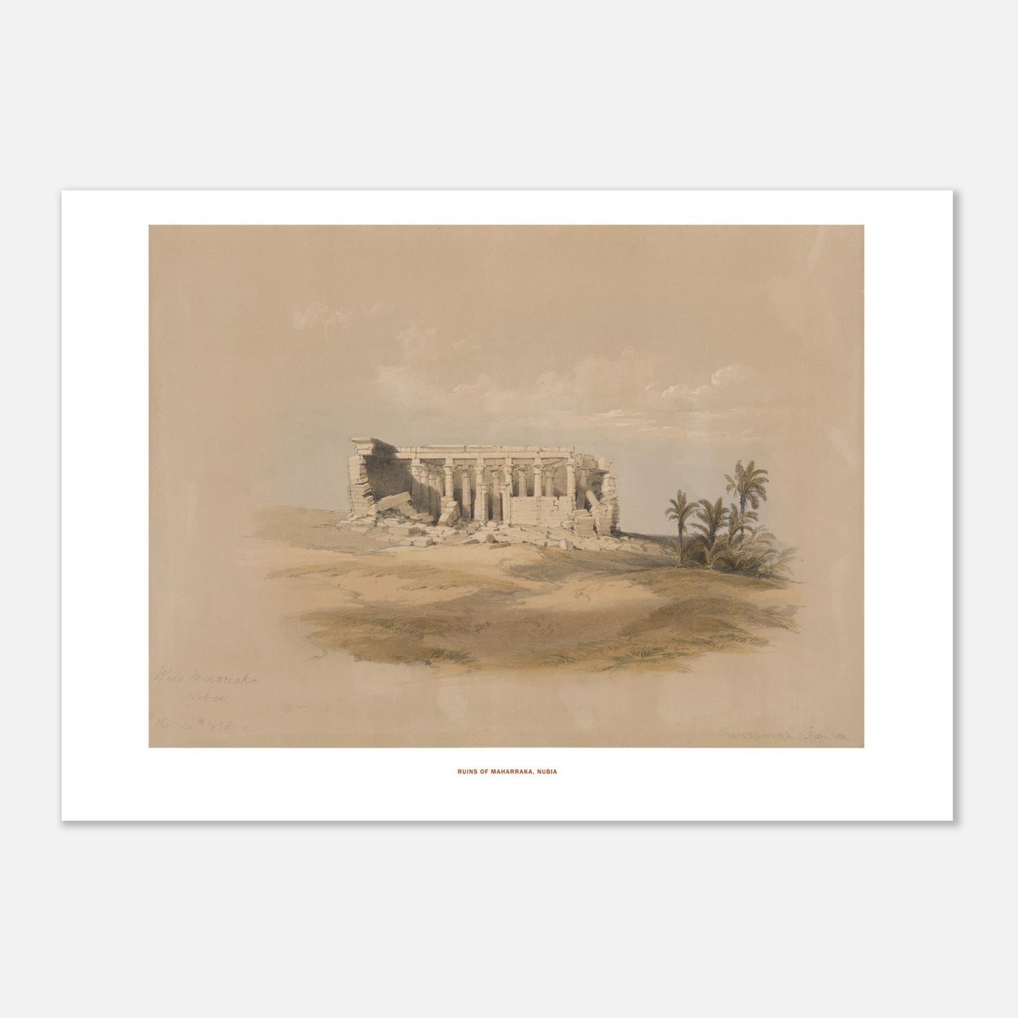Planche ancienne : Ruines de Maharraka en Nubie, David Roberts (42x59,4 cm (A2)). Lithographie représentant les ruines d'un temple de Maharraka en Nubie, avec une colonnade et des murs en ruine sur un terrain sablonneux, agrémenté de palmiers.